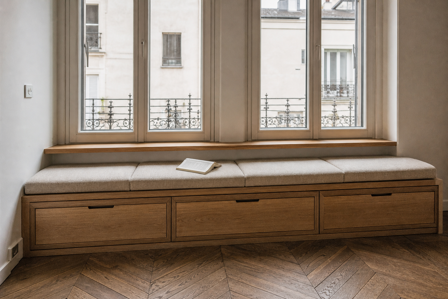 Banquette en chêne et coussins clairs installée sous trois fenêtres