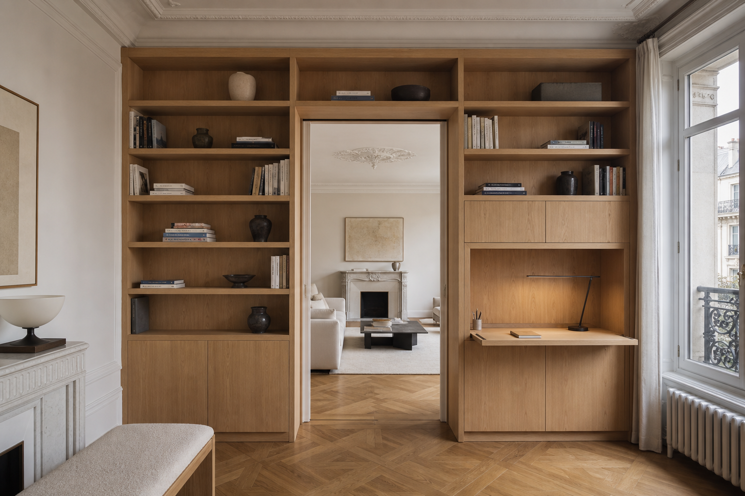 Bibliothèque en chêne intégrée autour d’un passage dans un appartement parisien