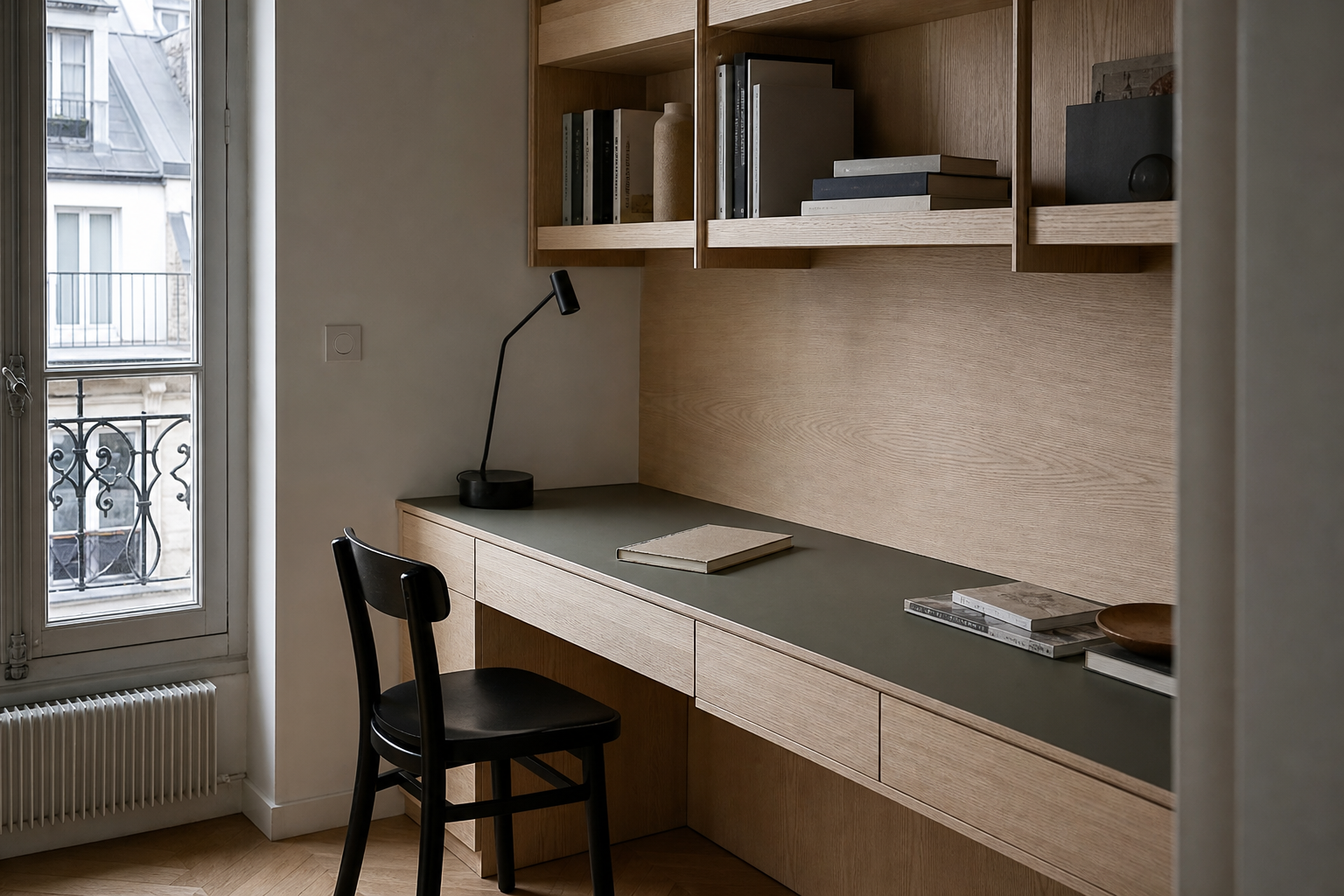 Bureau intégré en frêne avec plateau sombre et étagères murales