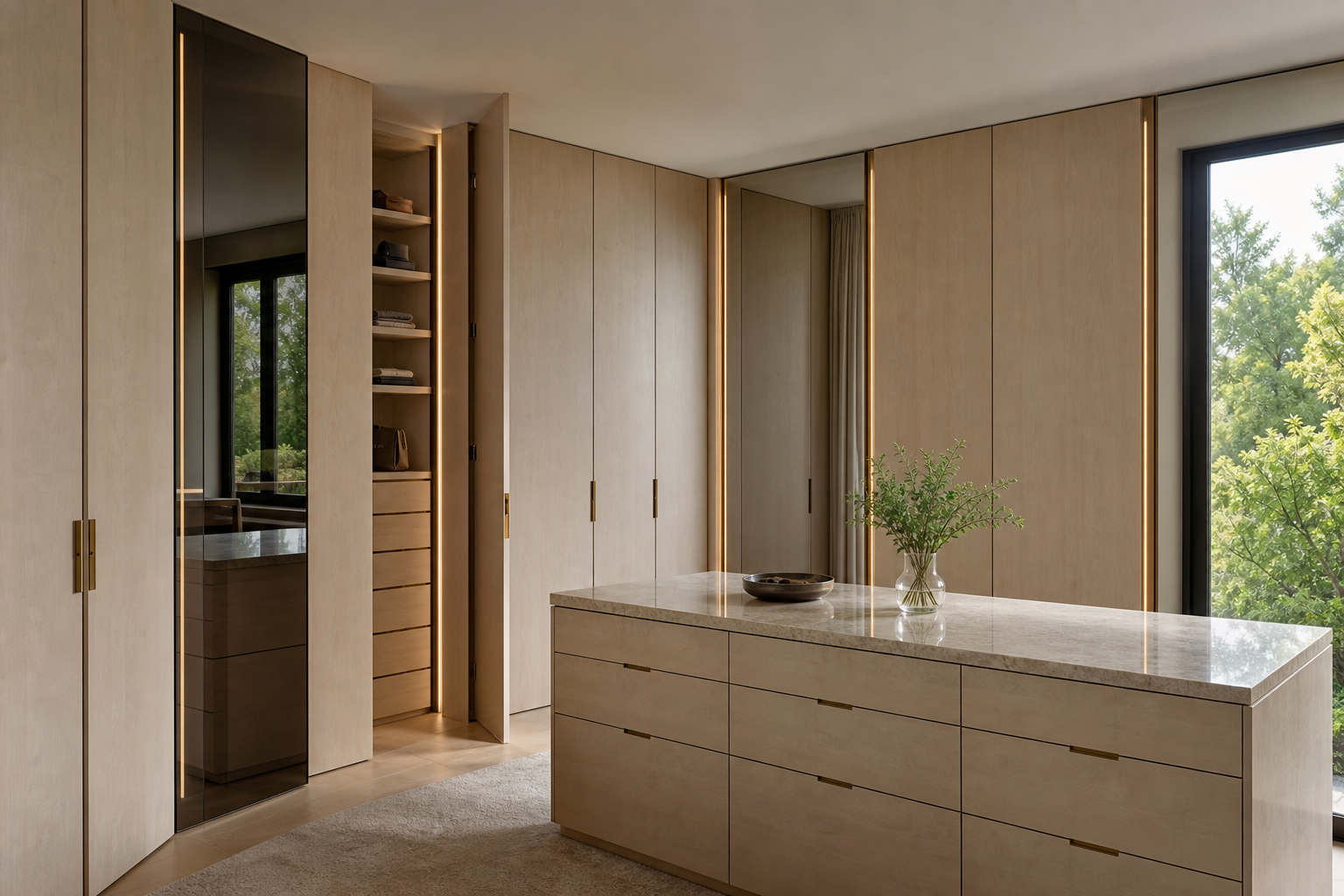 Dressing sur mesure en sycomore avec miroir fumé et îlot central