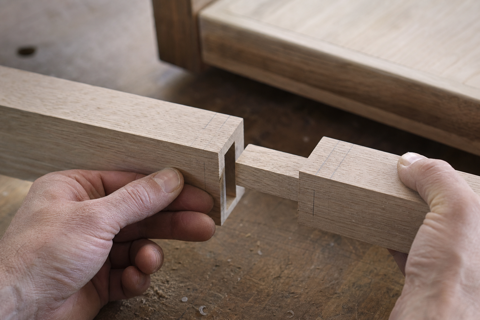 Mains ajustant un assemblage en bois sur un établi