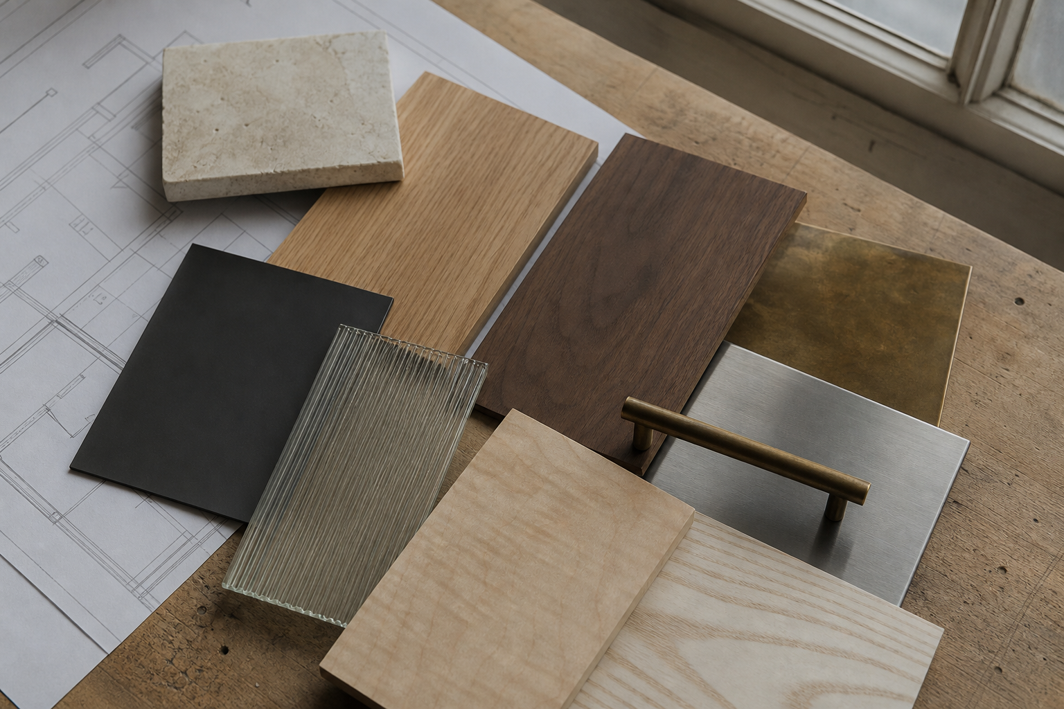 Échantillons de bois, verre, métal et pierre disposés sur un plan
