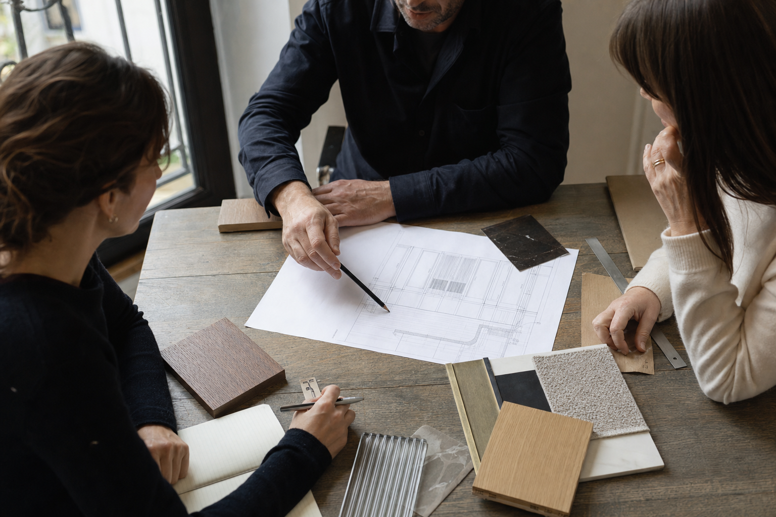 Plans et échantillons étudiés autour d’une table