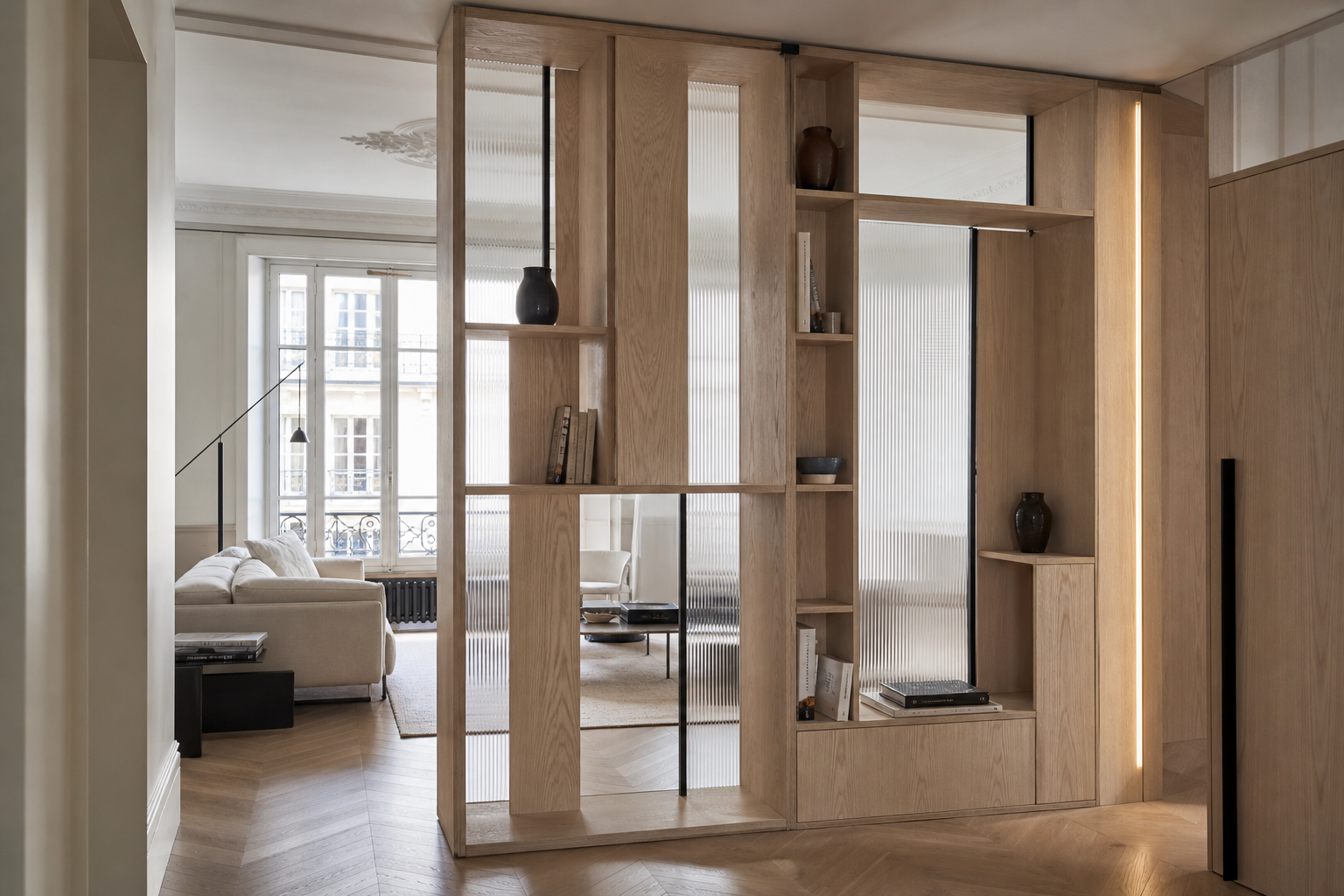 Meuble de séparation en frêne et verre cannelé entre entrée et salon