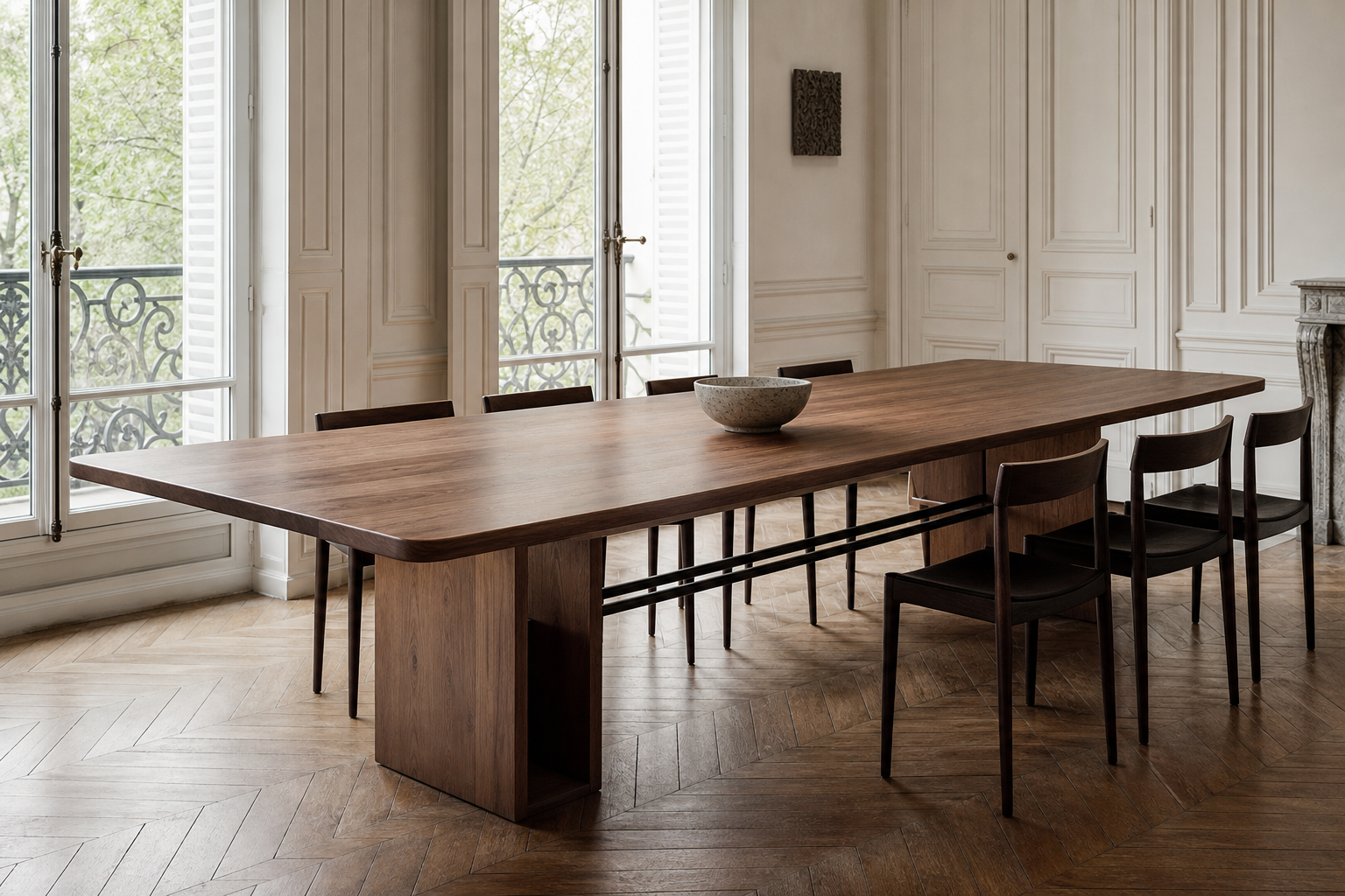 Grande table en noyer dans une salle à manger parisienne