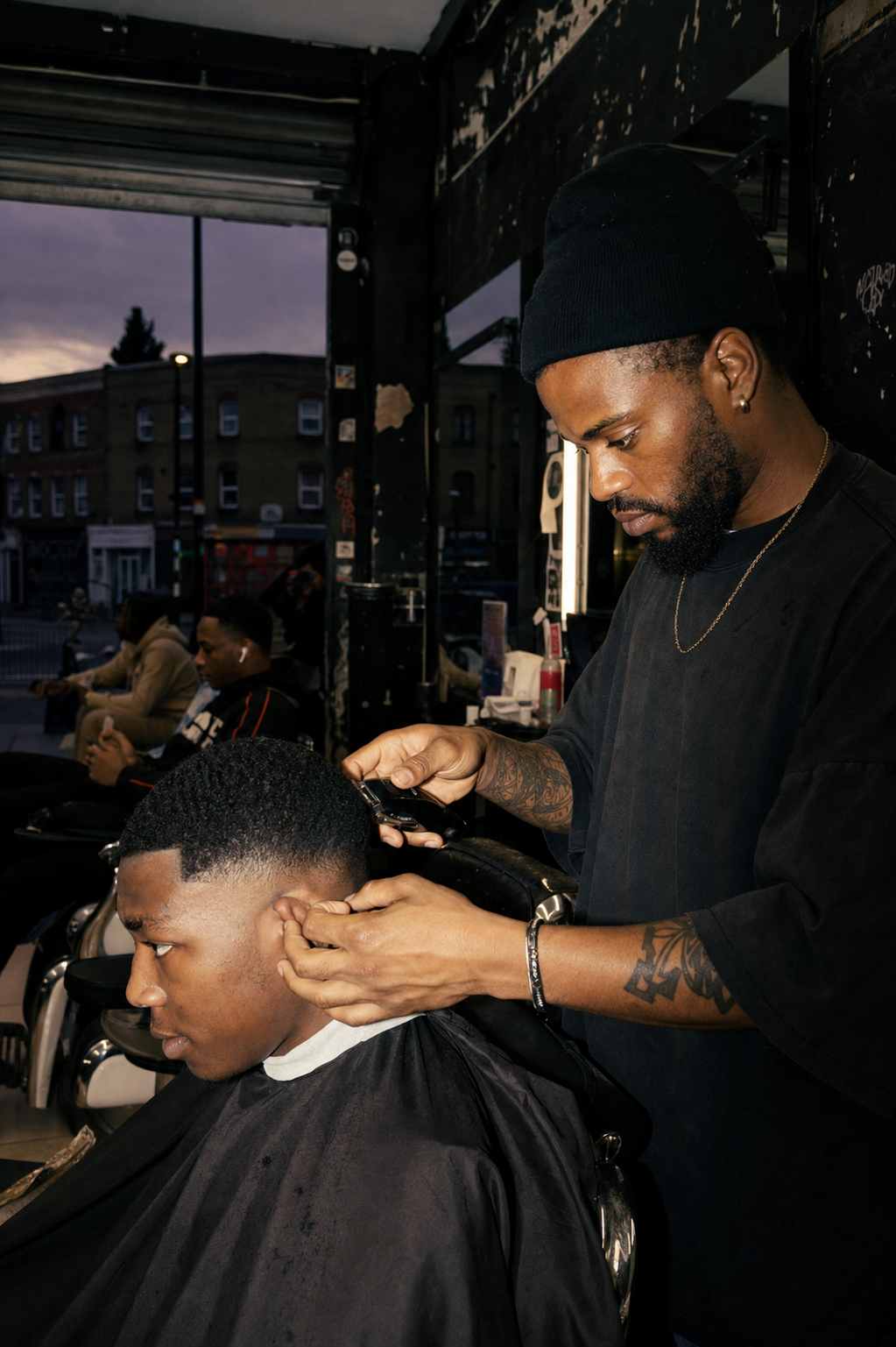 A barber working carefully around a customer's ear