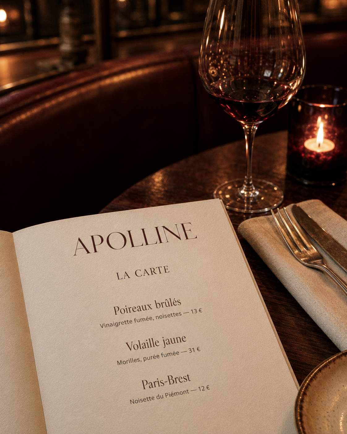 Gros plan sur la première page de la carte Apolline, verre de vin rouge et bougie, salle en arrière-plan hors champ.