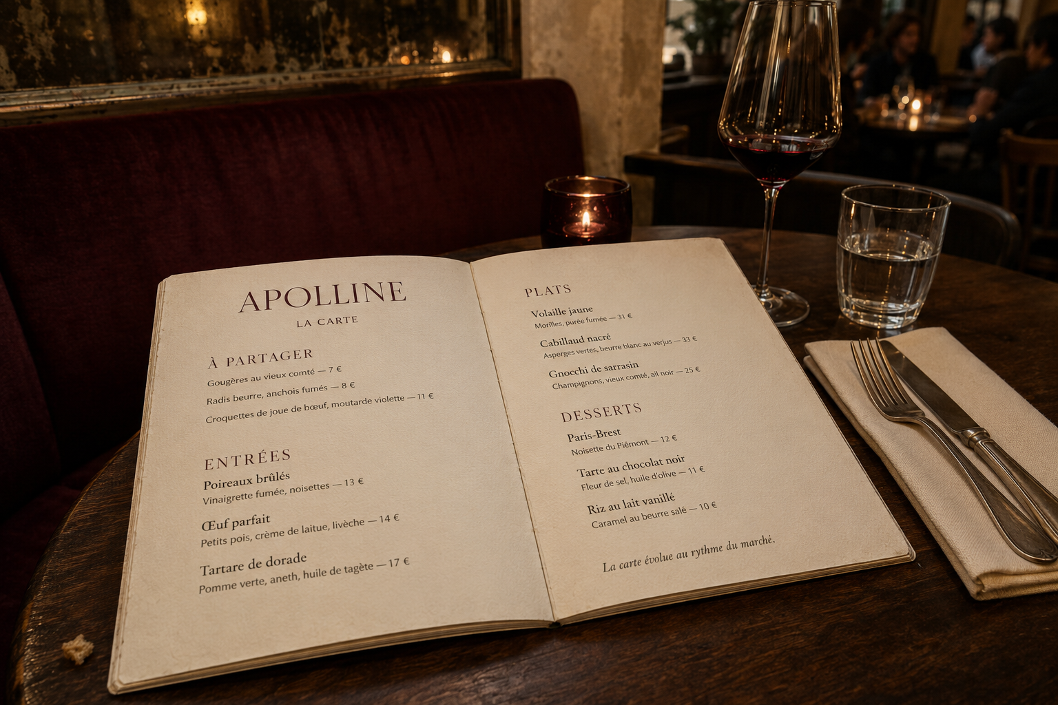 Carte Apolline ouverte sur la table, pages À partager, Entrées, Plats et Desserts, verre de vin rouge et bougie en arrière-plan.