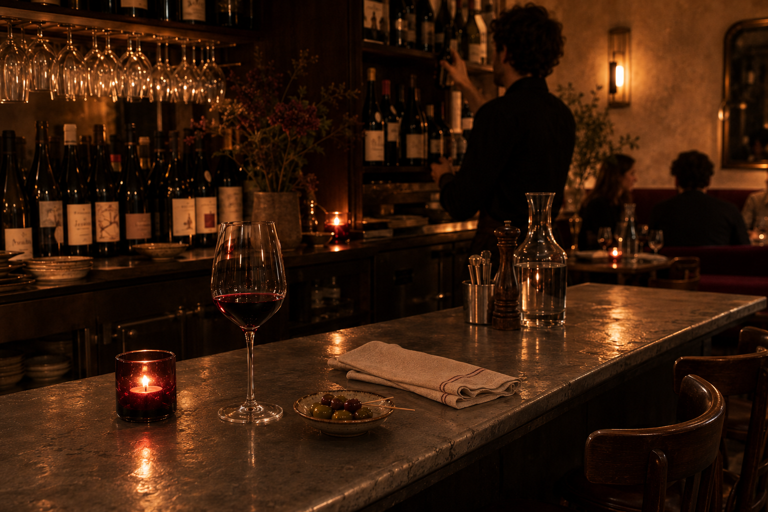 Comptoir en zinc d'Apolline, verre de vin rouge, bol d'olives, mur de bouteilles et silhouette d'un membre de l'équipe.