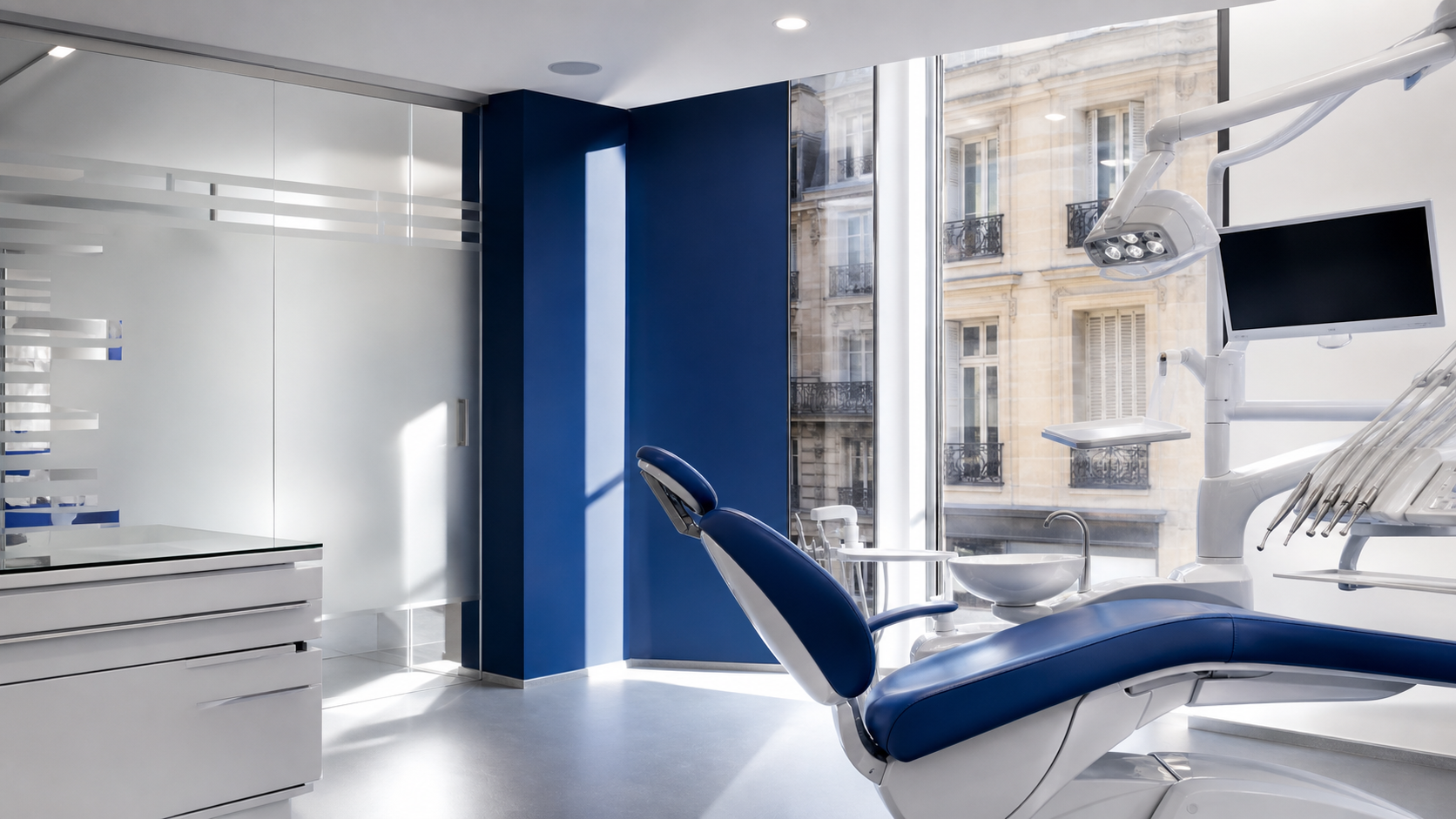 Salle de soins contemporaine aux détails bleus et chromés, avec vue sur Paris.