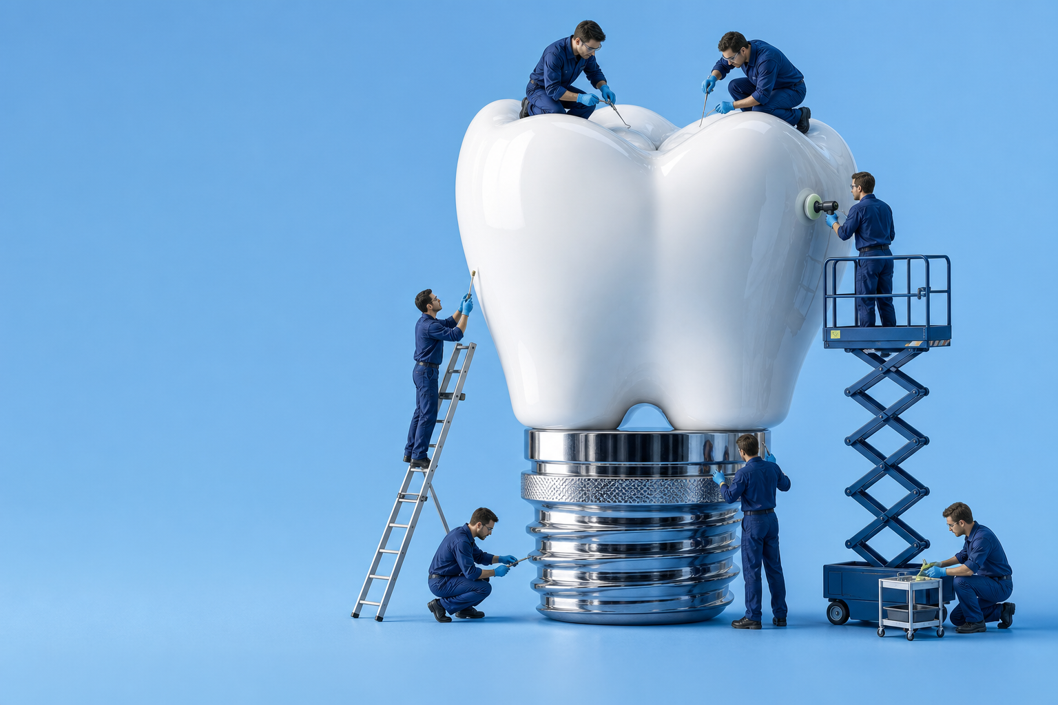 Des techniciens dentaires miniatures travaillent autour d’une dent monumentale polie, symbole de précision et de soins restaurateurs collaboratifs.